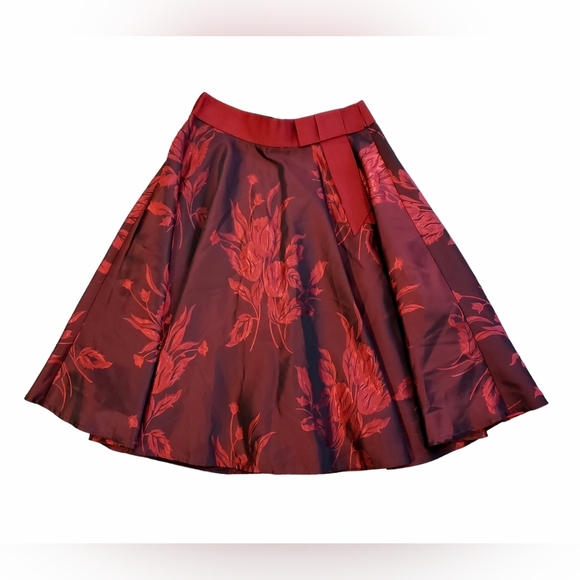 Zero A Line Pleat Floral Skirt Womens 6 Red Knee Length Layered EUR 38 Bow Waist - Picture 6 of 10